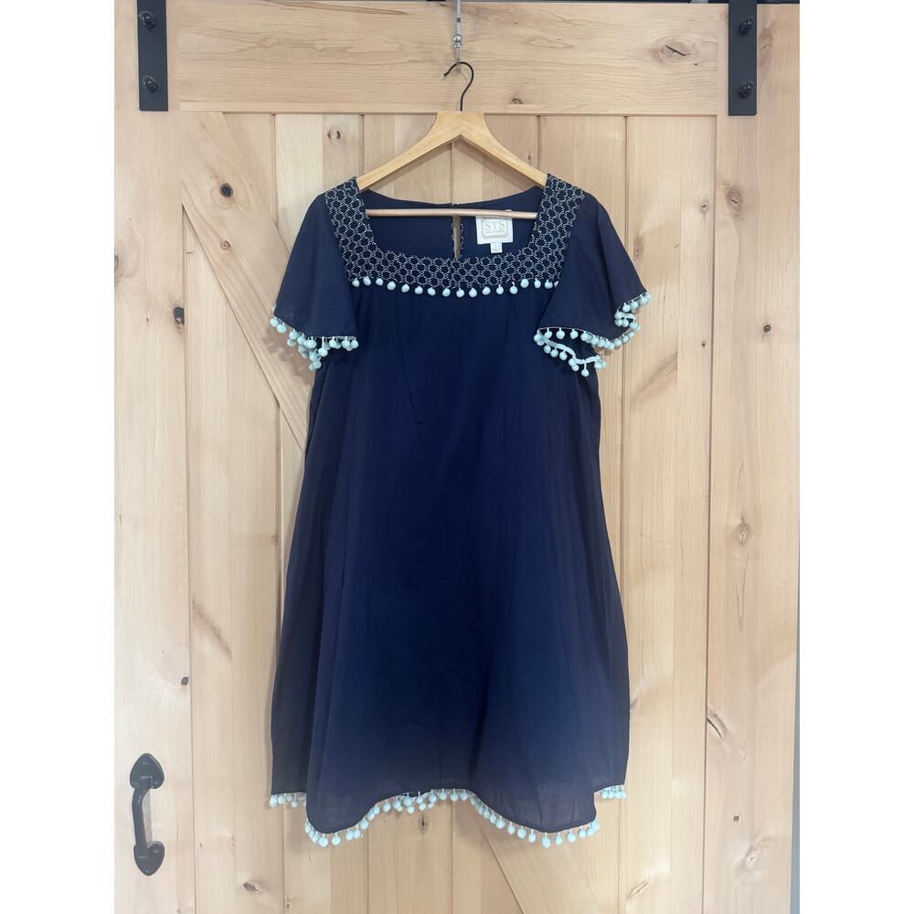 Sail to Sable | Navy Blue Cotton Flutter Sleeve Pom Pom Mini Dress | Size Large